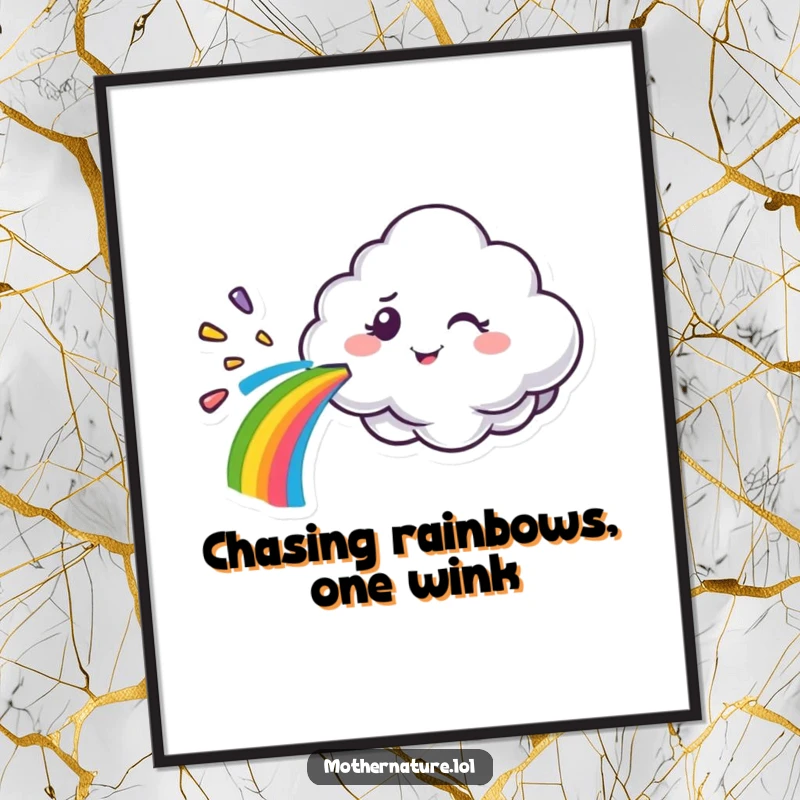 Funny Free Printable Wall Art: A happy cloud character winks as it sprays a vibrant rainbow, creating cheerful and downloadable whimsical decor.