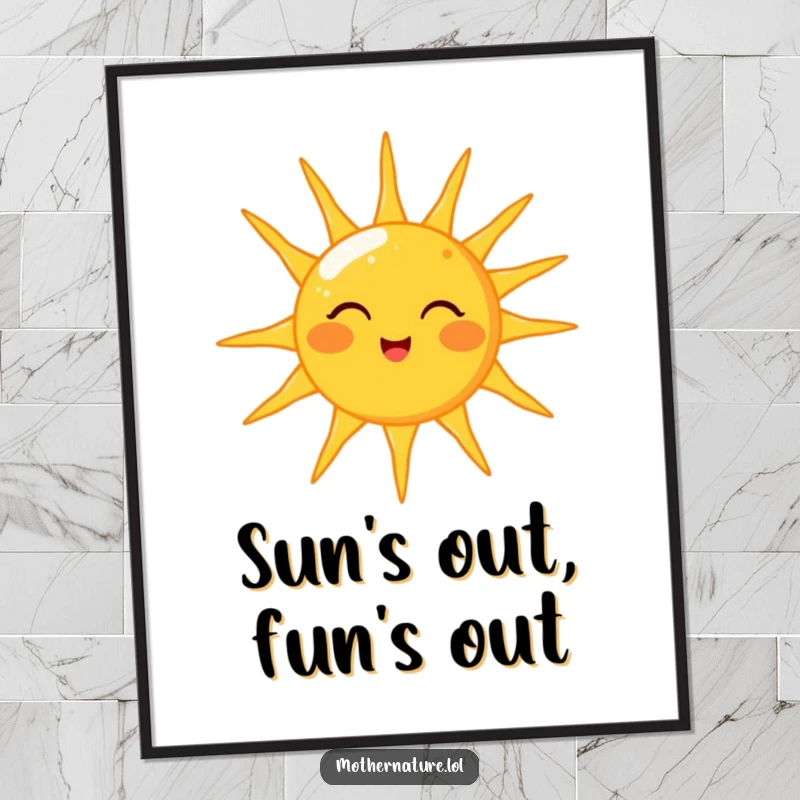 Funny Free Printable Wall Art: Cheerful sun character winking, showering the earth with warm golden light, vibrant decor.