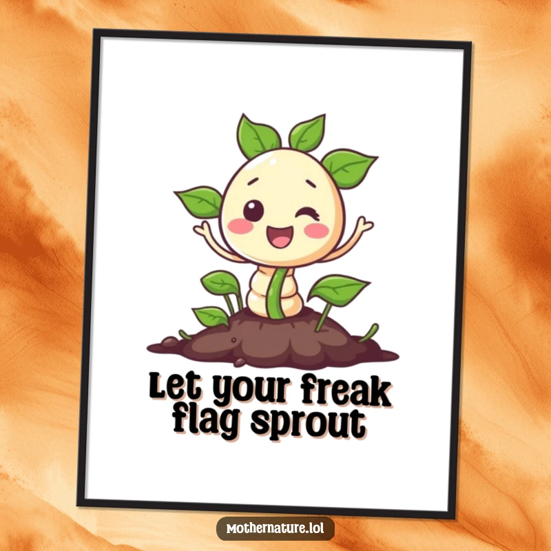 Funny Free Printable Wall Art: Cheerful seed character bursting out of the ground with glee, perfect for downloadable uplifting decor.