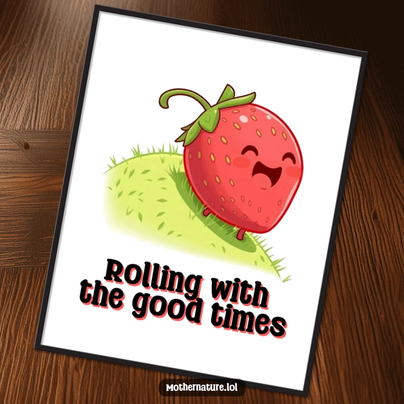 Funny Free Printable Wall Art: A plump, dizzy strawberry in mid-roll down a grassy hill, radiating pure glee.
