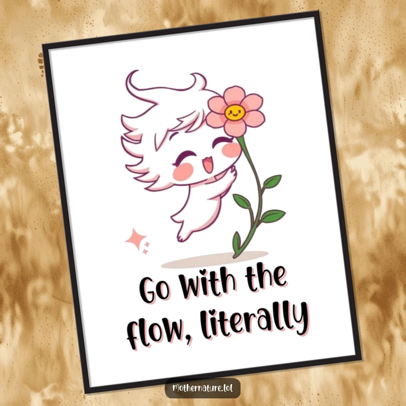 Funny Free Printable Wall Art: A playful wind gust character tickling a surprised flower, creating a whimsical scene.