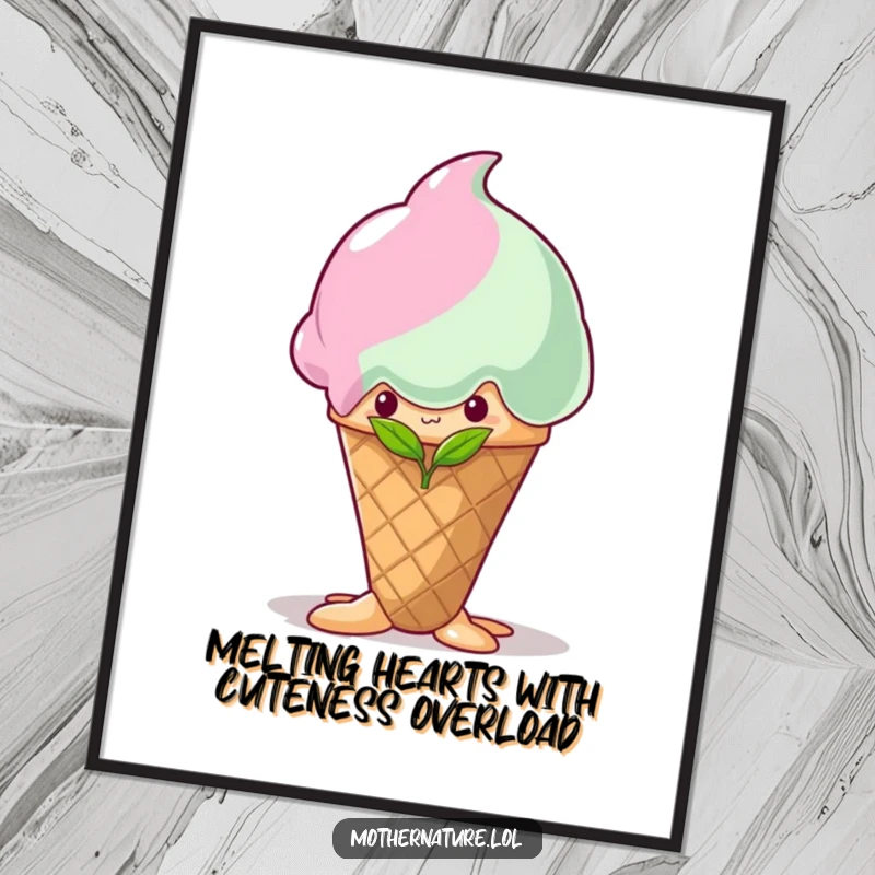 Funny Free Printable Wall Art: A shy sprout peeking from behind a giant melting ice cream cone, a delightful downloadable gift.