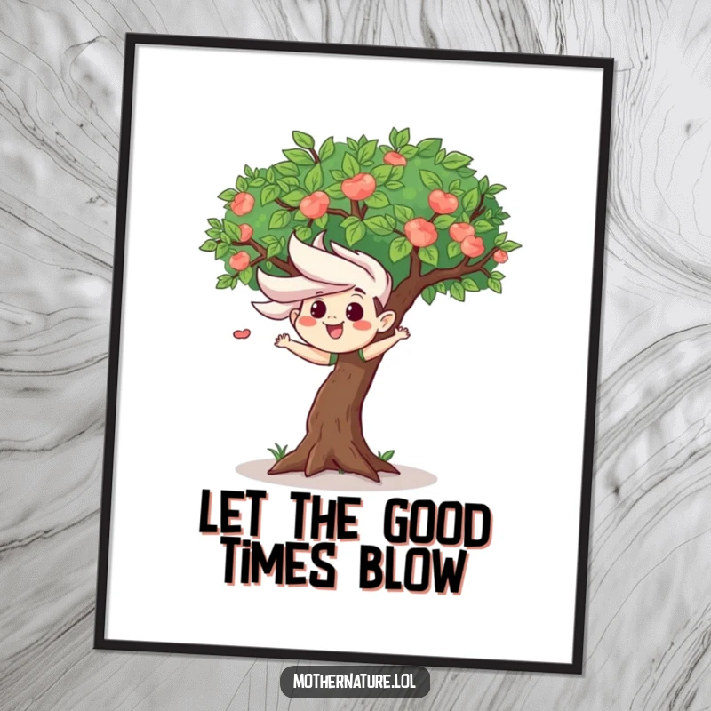 Funny Free Printable Wall Art: A mischievous wind gust playfully tousles the leaves of a content, happy tree. Lively and amusing.