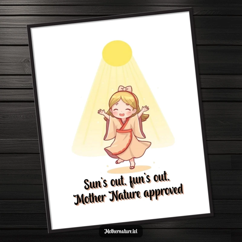 Funny Free Printable Wall Art: Mother Nature energetically dancing under a shower of warm, golden sunlight in a vibrant illustration.