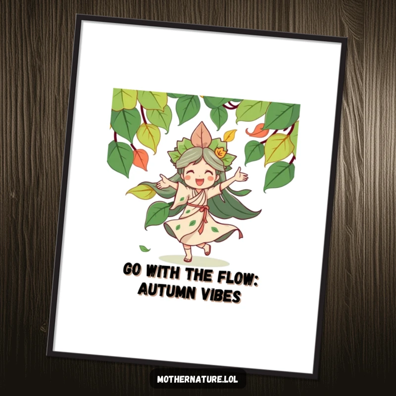 Funny Free Printable Wall Art: A radiant Mother Nature character joyfully dancing with a whimsical swirl of colorful leaves, bringing vibrant energy.