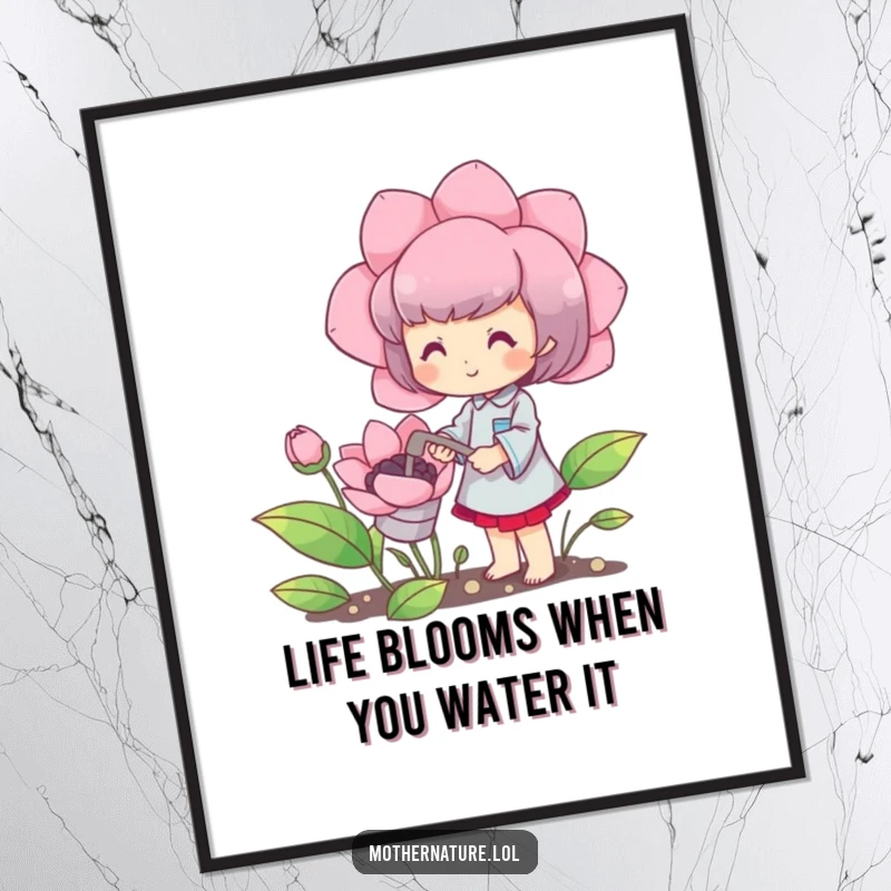 Funny Free Printable Blooming Character Wall Art: A cute character gleefully waters a massive, vibrant blooming flower.