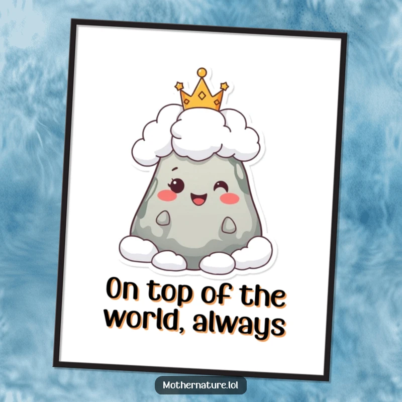 Funny Free Printable Wall Art: A happy mountain character adorned with a crown of fluffy clouds, looking majestic and cheerful.