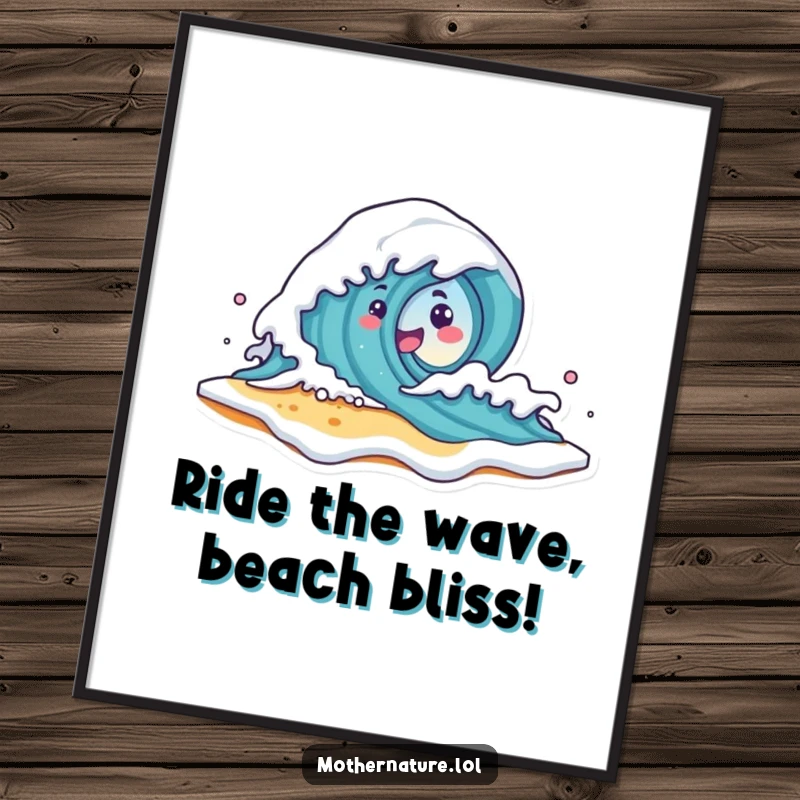 Funny Free Printable Wall Art: Cute wave character playfully crashing onto a smiling beach shore, creating seaside decor.