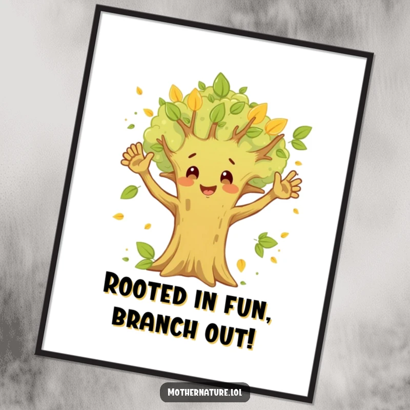 Funny Free Printable Wall Art: Happy tree character waving its branches like arms, surrounded by fluttering leaves.