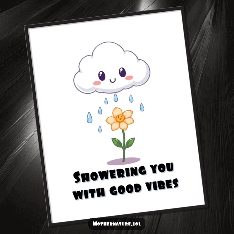 Funny Free Printable Wall Art: A surprised cloud gently shedding beautiful iridescent raindrops onto a small, contented flower below.