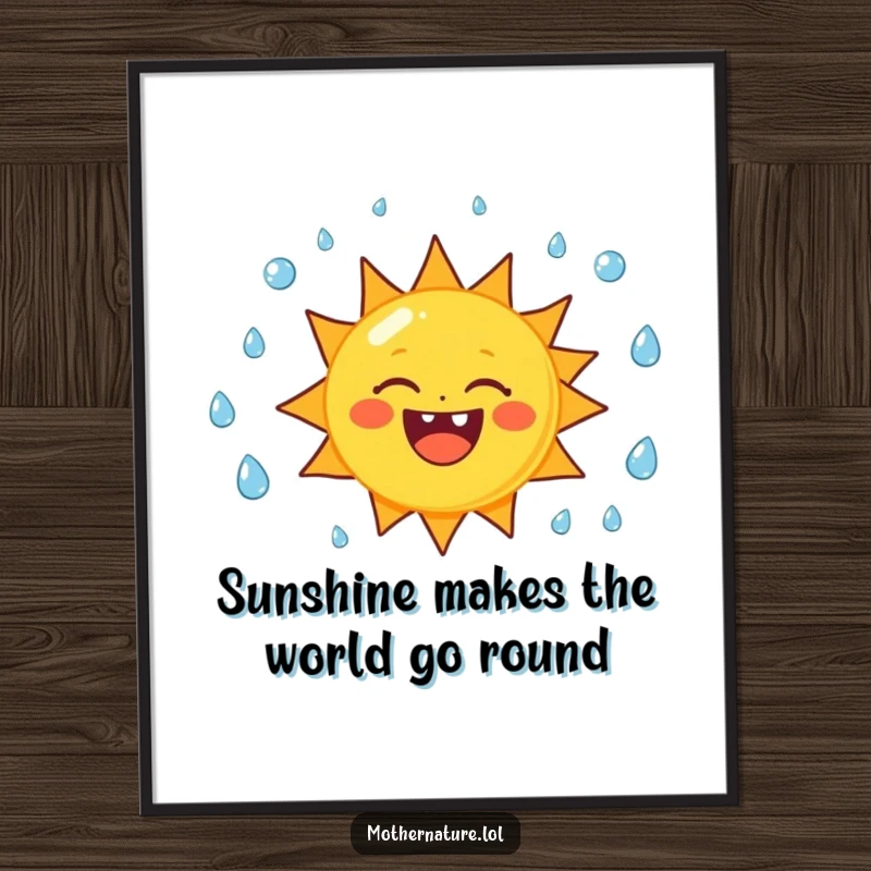 Funny Free Printable Wall Art: A cheerful sun character joyfully juggling raindrops, bringing downloadable sunshine and humor to any room.