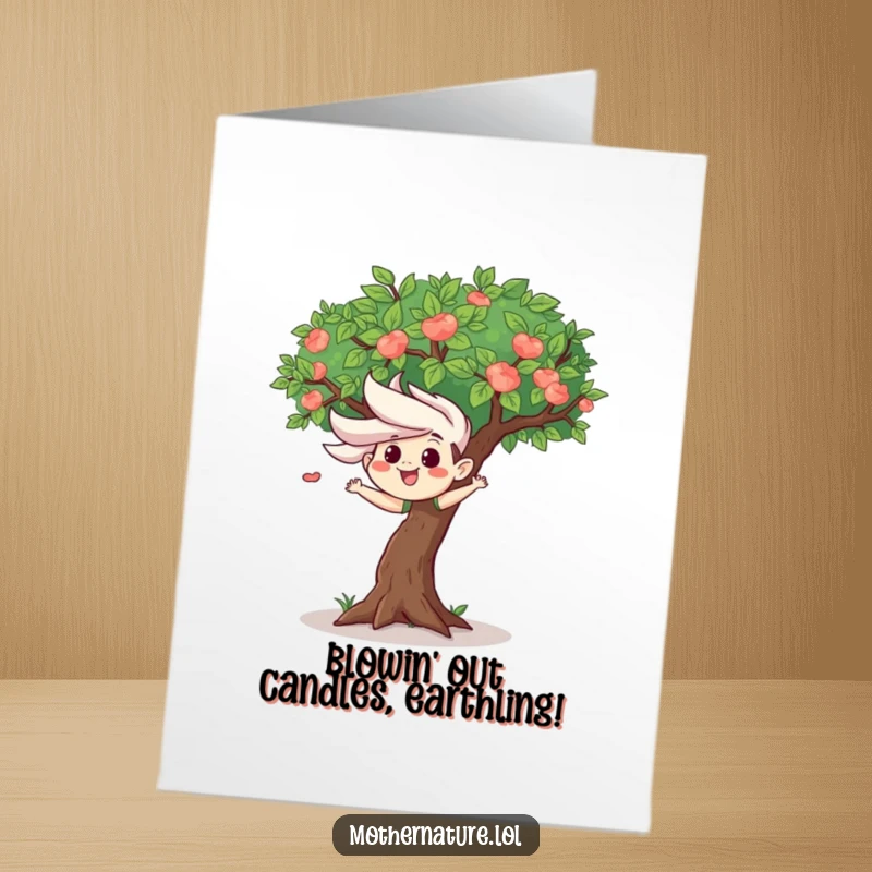 Funny Free Printable Birthday Card: A mischievous wind gust playfully ruffles the leaves of a smiling tree. Whimsical and cheerful.