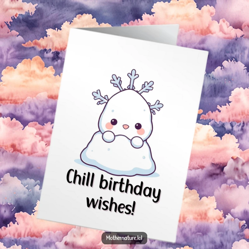 Funny Free Printable Birthday Card with a shy snowdrift character peeking from behind a cheerfully smiling snowflake, delivering birthday wishes.