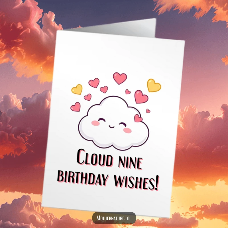Funny Free Printable Birthday Card showing a tiny, cute cloud character giggling while raining colorful, bouncing hearts, spreading birthday cheer.