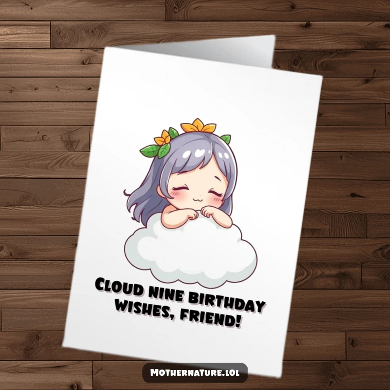Funny Free Printable Birthday Card: Mother Nature playfully tickling a sleepy cloud with a mischievous grin.