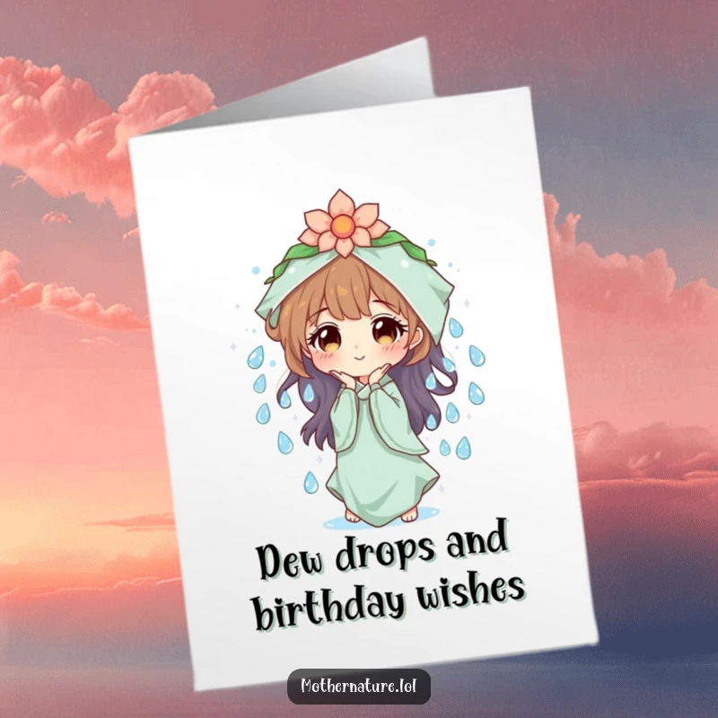 Funny Free Printable Birthday Card: Mother Nature creating a beautiful cascade of sparkling dew drops, wishing joy.