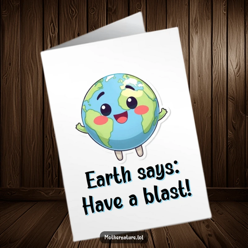Funny Free Printable Birthday Card featuring a giggling Earth globe character bouncing with joy, ready to deliver laughter.