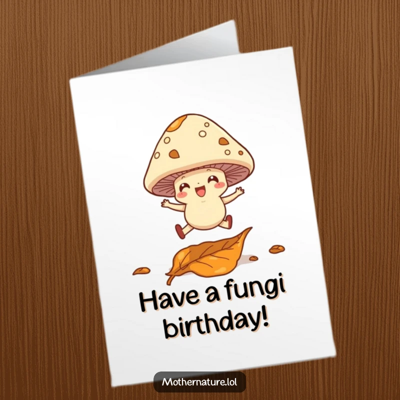 Funny Free Printable Birthday Card: A cheerful mushroom with legs leaping over a fallen leaf, celebrating joyfully.