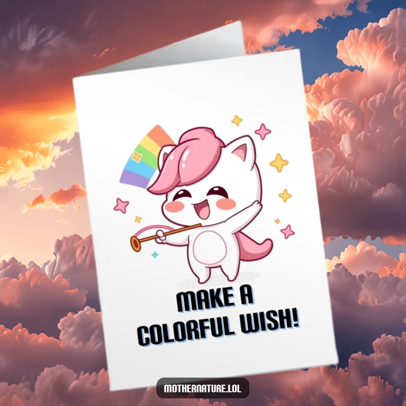 Funny Free Printable Birthday Card: A mischievous character giggles while creating a vibrant rainbow, a delightful and humorous greeting.