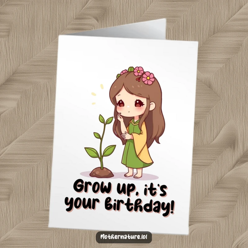 Funny Free Printable Birthday Card: Mother Nature whispers encouragement to a tiny, yet tall, sprout, symbolizing growth.