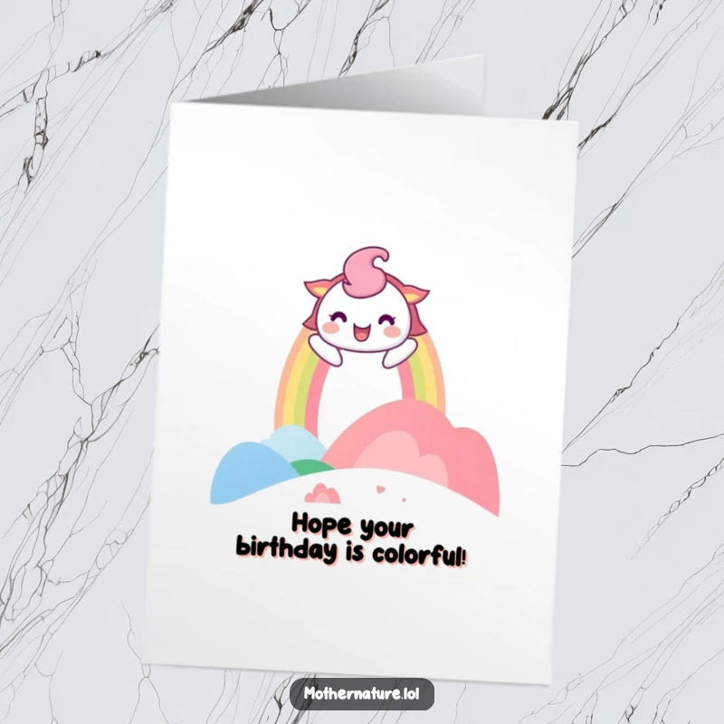Funny Free Printable Birthday Card: Playful rainbow character arches over a laughing landscape, wishing happy birthday. Vibrant downloadable art.