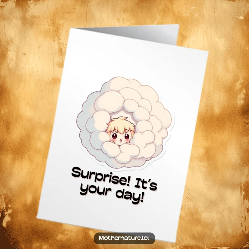 Funny Free Printable Birthday Card featuring a surprised character peeking from a giant swirling cloud, perfect for a humorous greeting.
