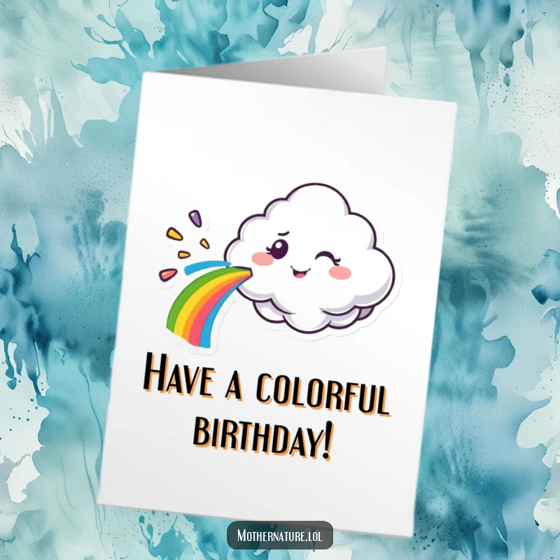 Funny Free Printable Birthday Card: Happy cloud character winks while spraying a vibrant rainbow, a delightful and downloadable birthday surprise.