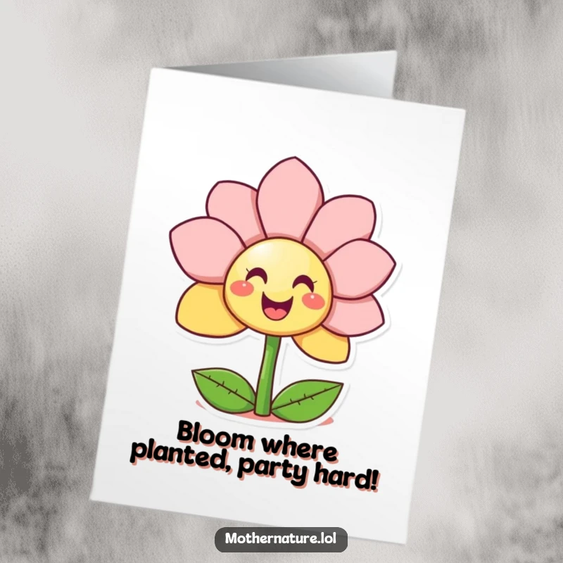 Funny Free Printable Birthday Card: Giggling flower character unfurling petals to show a happy surprise smiley face.