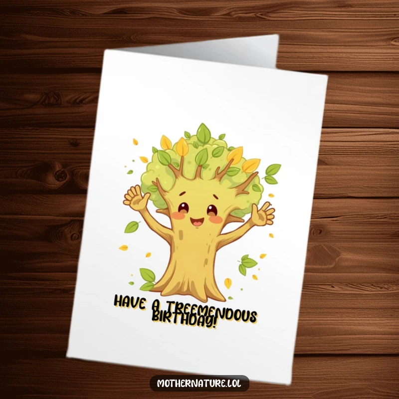 Funny Free Printable Birthday Card: Happy tree character waving enthusiastically with branches, surrounded by fluttering leaves.