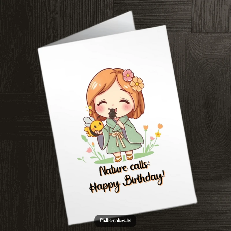 Free Printable Birthday Card: Mother Nature smiles warmly, holding a tiny, buzzing bee gently in her hand.