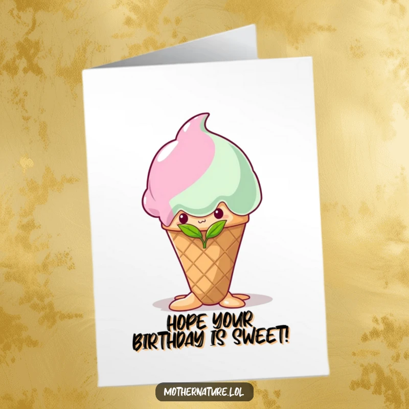 Funny Free Printable Birthday Card: Shy sprout hides behind a giant melting ice cream cone, a delightful downloadable gift.