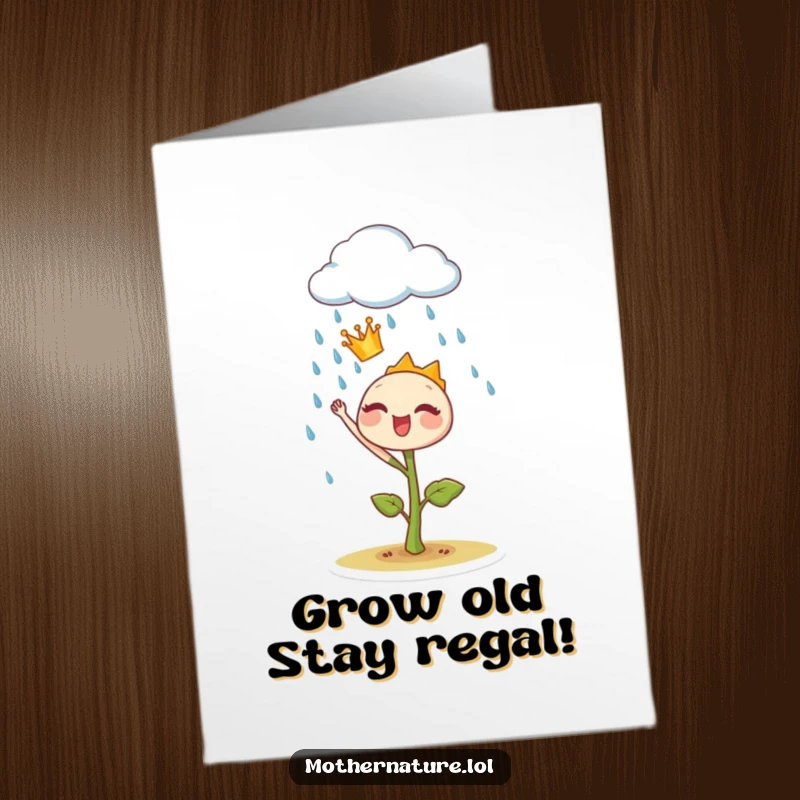 Funny Free Printable Birthday Card: A tiny, regal sprout wearing a golden crown joyfully commands a fluffy rain cloud to sprinkle gentle rain.