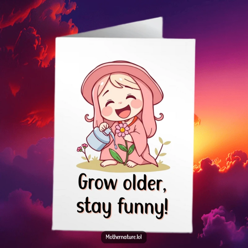 Funny Free Printable Birthday Card: Laughing Mother Nature waters a giggling flower, a scene of pure joy.