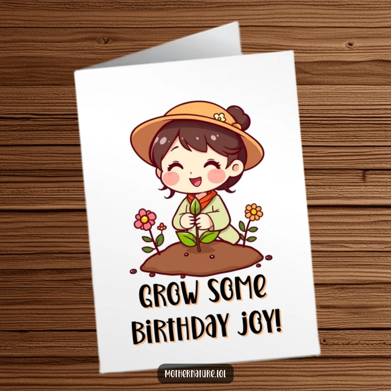 Funny Free Printable Mother Nature Birthday Card: A happy Mother Nature plants a seed that bursts into flowers.