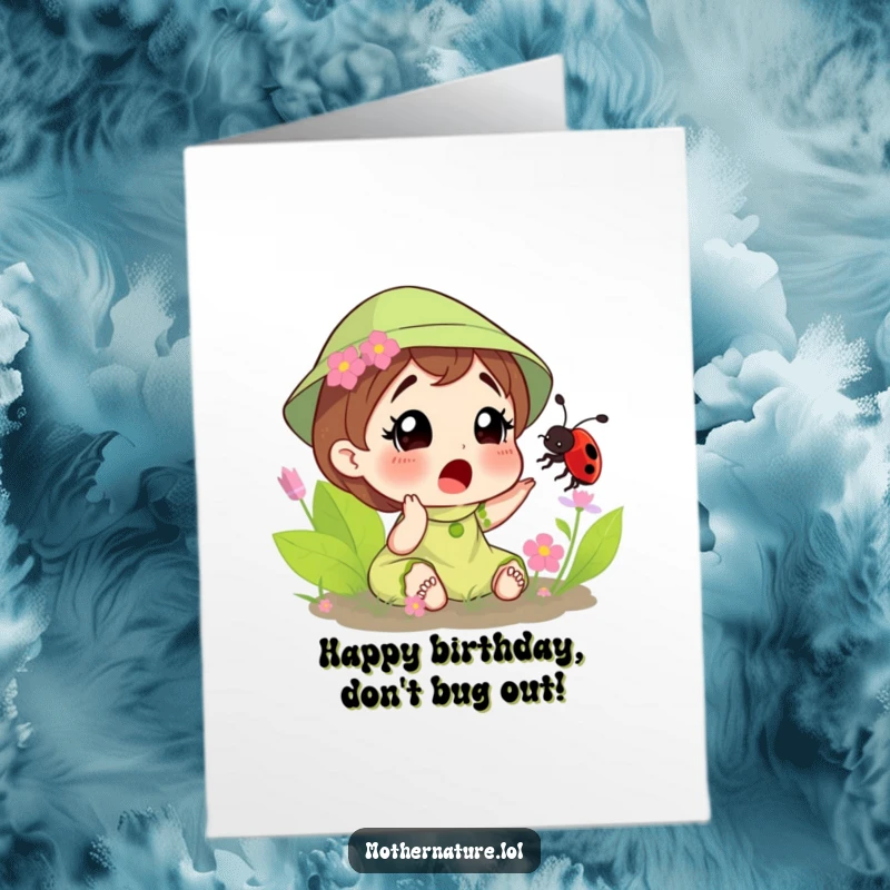 Free Printable Birthday Card: A surprised Mother Nature character reacts with delight as a friendly ladybug tickles her.