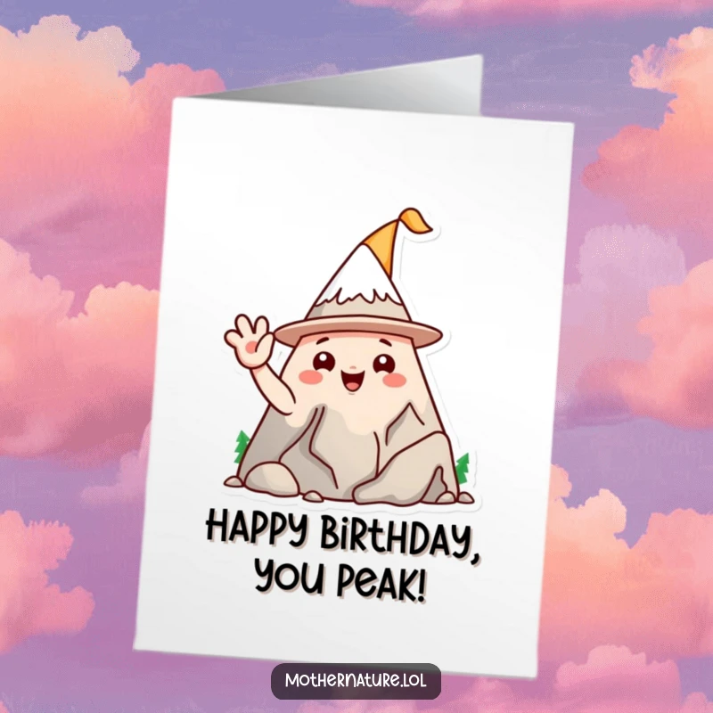 Funny Free Printable Birthday Card: A playful mountain range character wears a silly hat and waves, sending big birthday wishes.