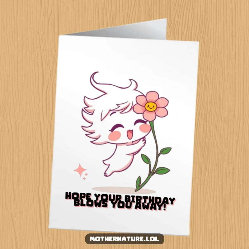 Funny Free Printable Birthday Card: A playful wind gust character tickling a surprised flower, conveying birthday cheer.