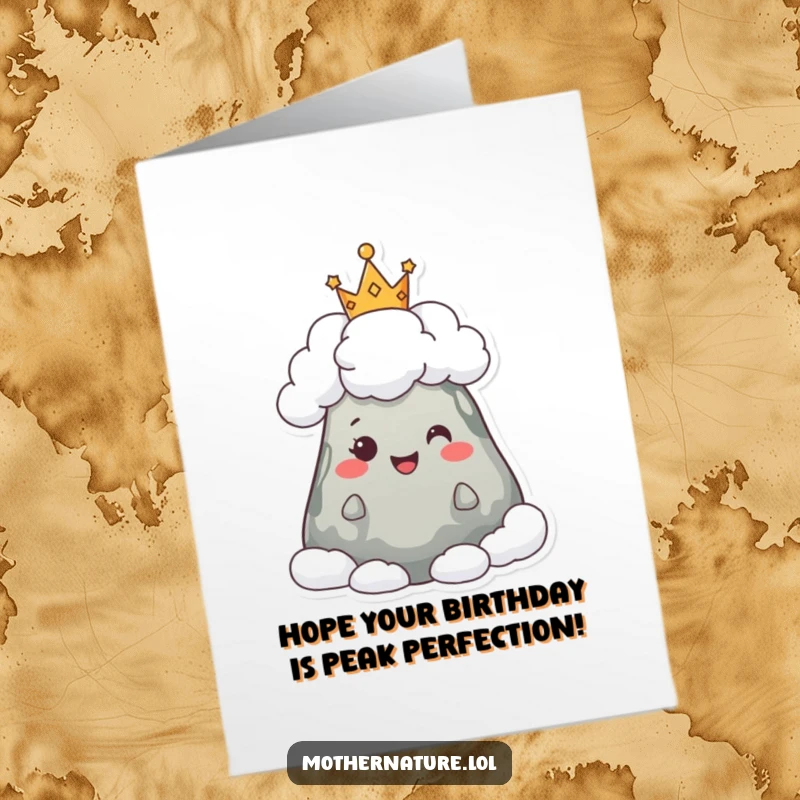 Funny Free Printable Birthday Card: A happy mountain character wearing a crown of fluffy clouds, celebrating a birthday.