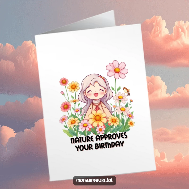 Funny Free Printable Birthday Card: Joyful Mother Nature surrounded by oversized, blooming wildflowers, wishing happy returns.