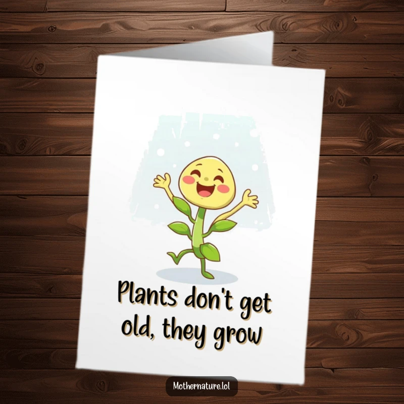 Funny Free Printable Birthday Card: A cheerful green plant character dancing joyfully in a light rain shower, spreading happiness.