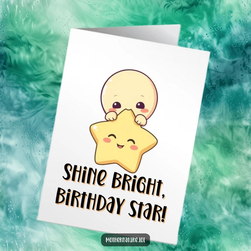 Funny Free Printable Birthday Card with a curious moon character peeking over a gleeful, giggling star, spreading birthday joy.