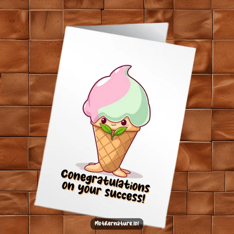 Funny Free Printable Congratulations Card: A shy sprout peeks from behind a huge melting ice cream cone, a fun downloadable gift.