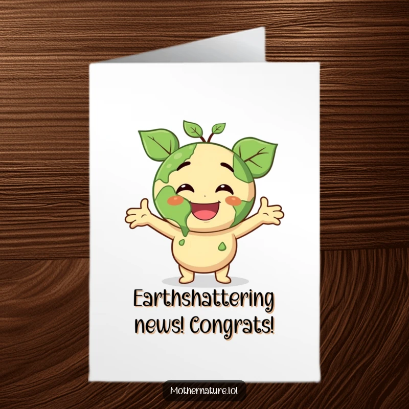 Funny Free Printable Congratulations Card: Smiling Earth character with leafy arms outstretched, beaming with surprise and pride.