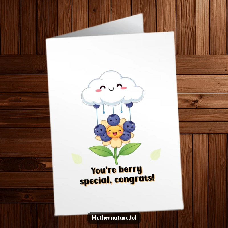 Funny Free Printable Congratulations Card: Smiling cloud rains blueberries on a happy flower, symbolizing growth and a fun downloadable gift.