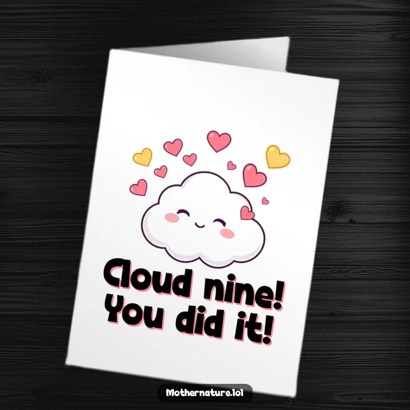 Funny Free Printable Congratulations Card featuring a cute cloud giggling and raining colorful, bouncing hearts to mark a special occasion.