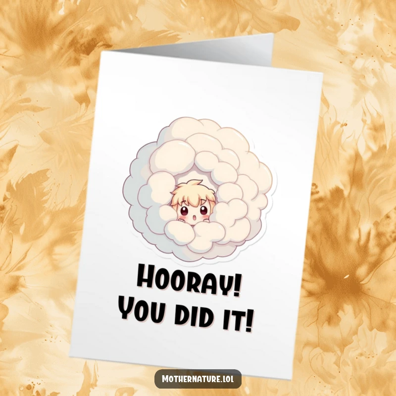 Funny Free Printable Congratulations Card: A surprised character pops from a cloud, symbolizing shocking good news for a DIY gift.
