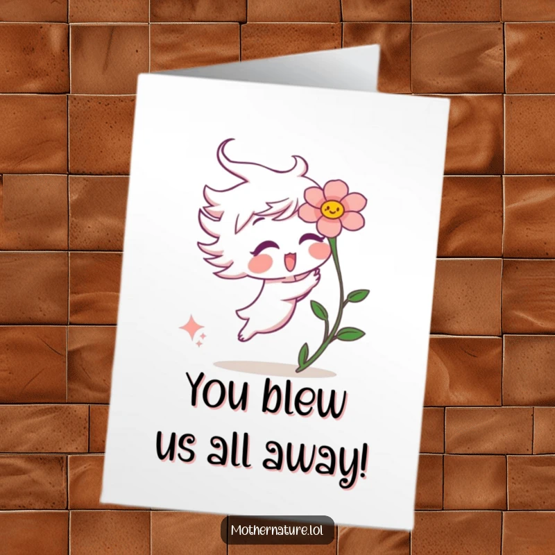 Funny Free Printable Congratulations Card: A playful wind gust tickling a surprised flower, celebrating an achievement.