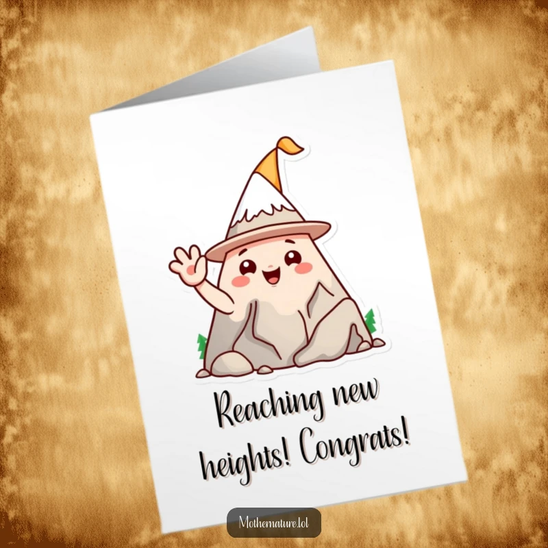 Funny Free Printable Congratulations Card: A playful mountain range character in a silly hat waves, celebrating success with downloadable grandeur.