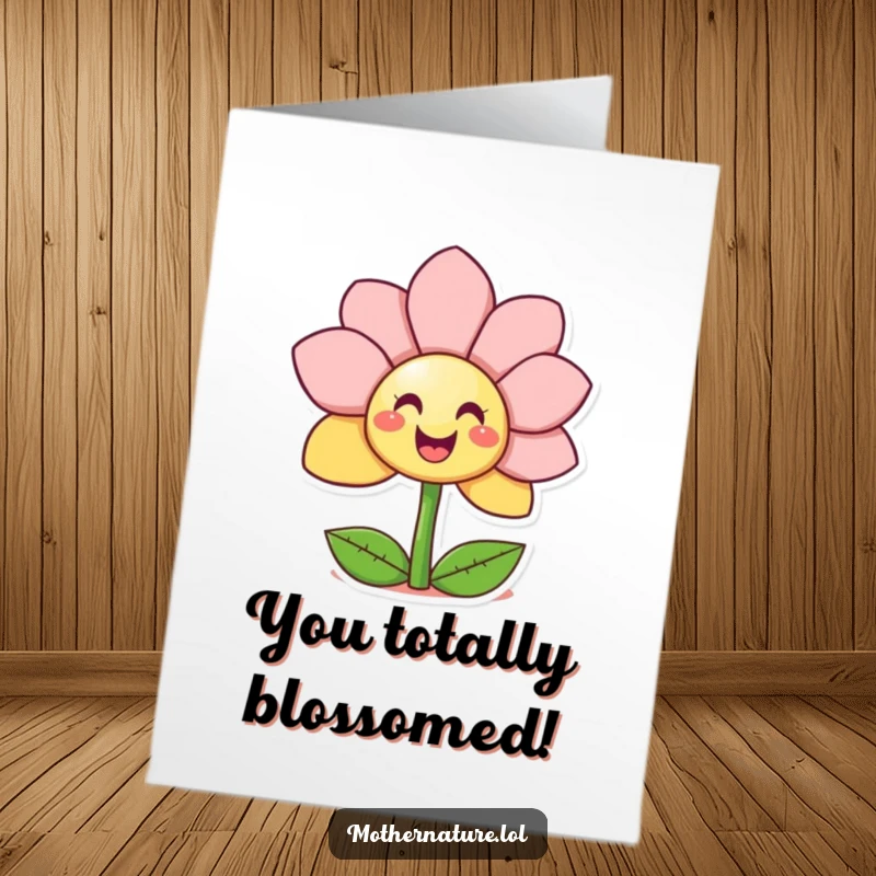 Funny Free Printable Congrats Card: Giggling flower character revealing a smiley face, perfect for celebrating achievements.