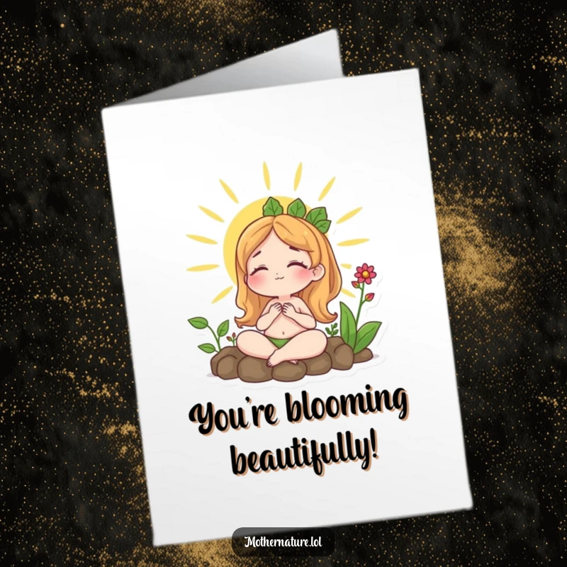 Free Printable Congrats Card: Mother Nature basks in contentment as vibrant plants flourish around her, celebrating success.